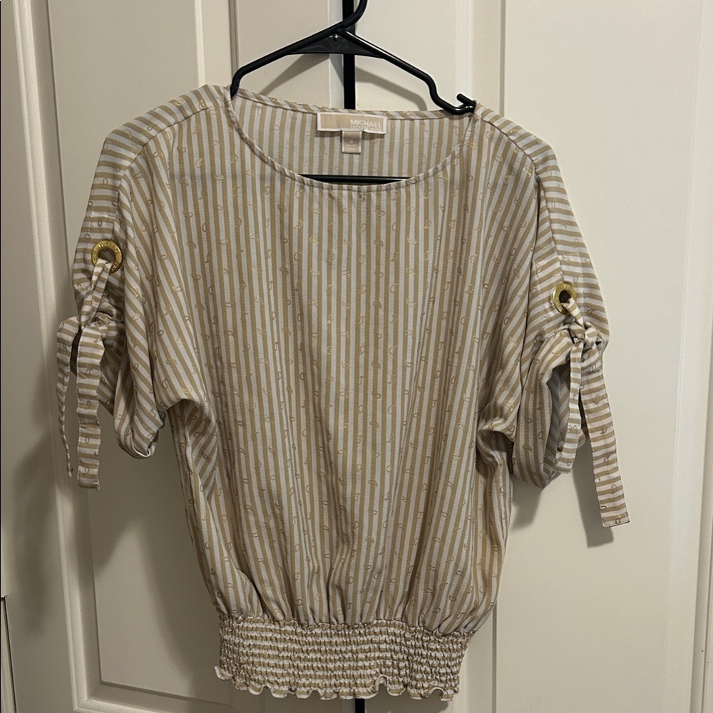 Michael Kors Beige Striped Blouse with Tie Sleeves